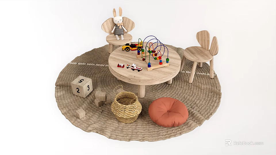 Wooden Kids Table with Bunny Chairs Colorful Bead Maze and Soft Rug in Play Area 3d model 