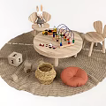 Wooden Kids Table with Bunny Chairs Colorful Bead Maze and Soft Rug in Play Area