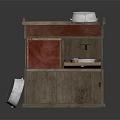 Rustic Wooden Washbasin Cabinet With Red Panel And White Basin Storage Design