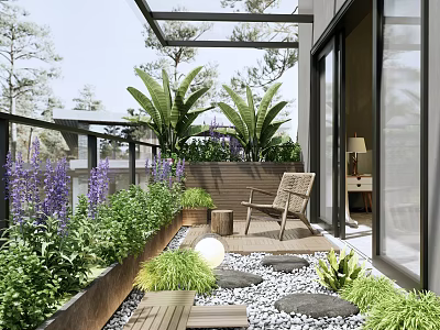 Cozy Home Balcony with Lush Plants Rattan Furniture Wooden Flooring and Pebble Path 3d model