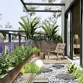 Cozy Home Balcony with Lush Plants Rattan Furniture Wooden Flooring and Pebble Path