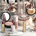 Chic Decorative Ornament Collection With Pearl Necklace Copper Lamp Lipstick Mirror And Dried Blooms