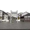 Ancient Chinese Architecture Courtyard With Illuminated Archway Red Leaf Trees And Stone Pavement