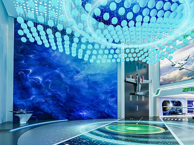 Modern Futuristic Interior With Blue Mural Ceiling Lights And Tech Inspired Floor 3d model
