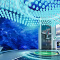 Modern Futuristic Interior With Blue Mural Ceiling Lights And Tech Inspired Floor 3d model