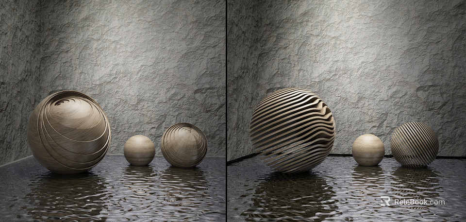 Wooden Spherical Sculpture Carving With Striped Spiral Texture On Water Surface Against Gray Textured Wall 3d model 