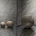 Wooden Spherical Sculpture Carving With Striped Spiral Texture On Water Surface Against Gray Textured Wall