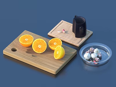Tableware Set With Wooden Cutting Board Sliced Oranges Garlic In Clear Bowl And Black Cup 3d model
