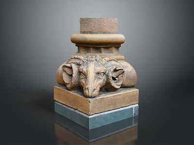 Intricate Ram Head Sculpture Column Capital With Square Stone Base And Bronze Tone 3d model