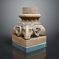 Intricate Ram Head Sculpture Column Capital With Square Stone Base And Bronze Tone