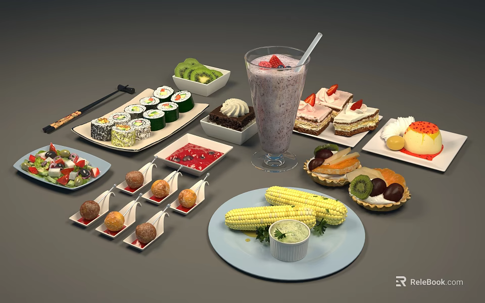Assorted Delicious Food Platter With Sushi Fruits Cake Corn And Smoothie 3d model 