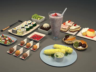 Assorted Delicious Food Platter With Sushi Fruits Cake Corn And Smoothie 3d model