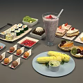 Assorted Delicious Food Platter With Sushi Fruits Cake Corn And Smoothie