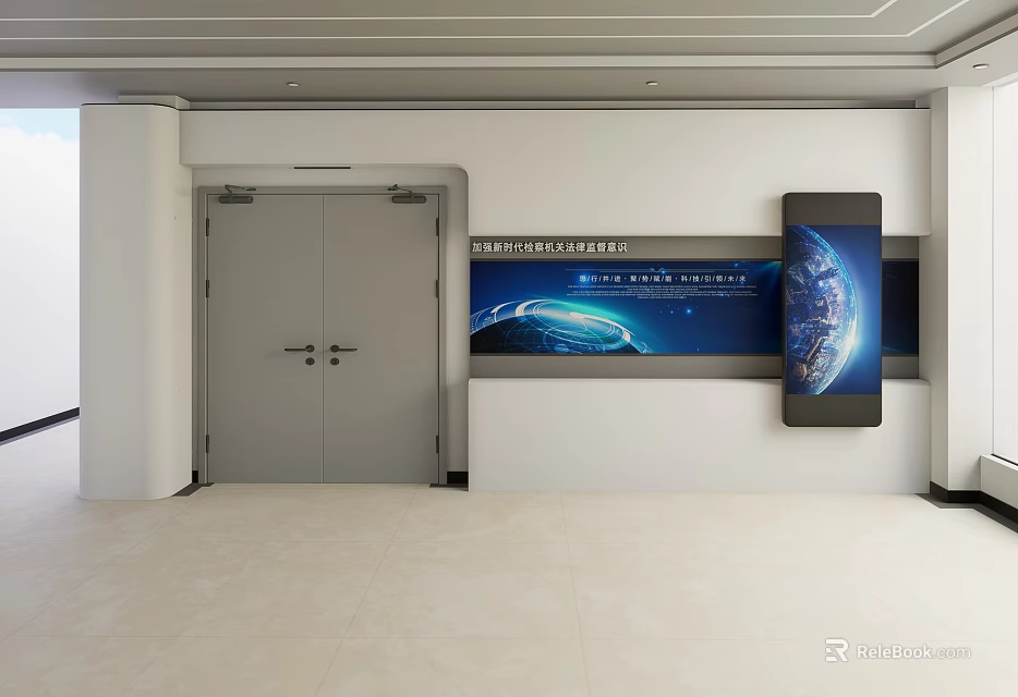 Gray Double Security Door At Modern Simple Lobby Entrance With Display Board And Blue Earth 3d model 