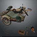 Vintage Distressed Tricycle Motorcycle With Tools Wooden Crate And Chainsaw