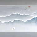 Serene Background Wall Featuring Chinese Landscape Painting Distant Mountains Red Sun Flying Birds Small Boat