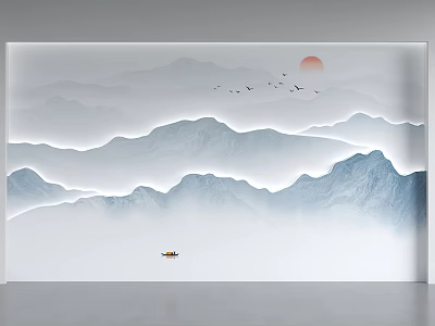 Serene Background Wall Featuring Chinese Landscape Painting Distant Mountains Red Sun Flying Birds Small Boat 3d model