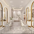 Modern Hair Salon Interior With Arched Mirrors White Chairs And Marble Flooring