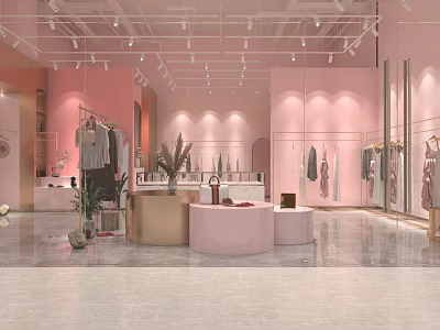 Modern Shopping Mall Clothing Store With Pink Walls Clothes Racks Round Display Tables And Plants 3d model
