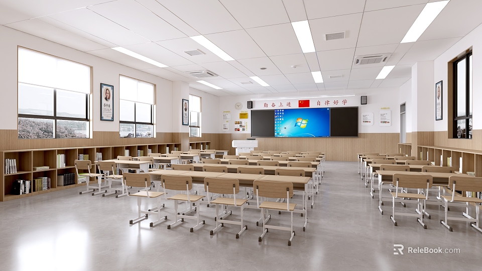 School Spacious Bright Classroom With Neat Desks Chairs Multimedia Blackboard National Flag Bookshelves Posters 3d model 