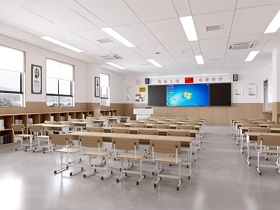 School Spacious Bright Classroom With Neat Desks Chairs Multimedia Blackboard National Flag Bookshelves Posters 3d model