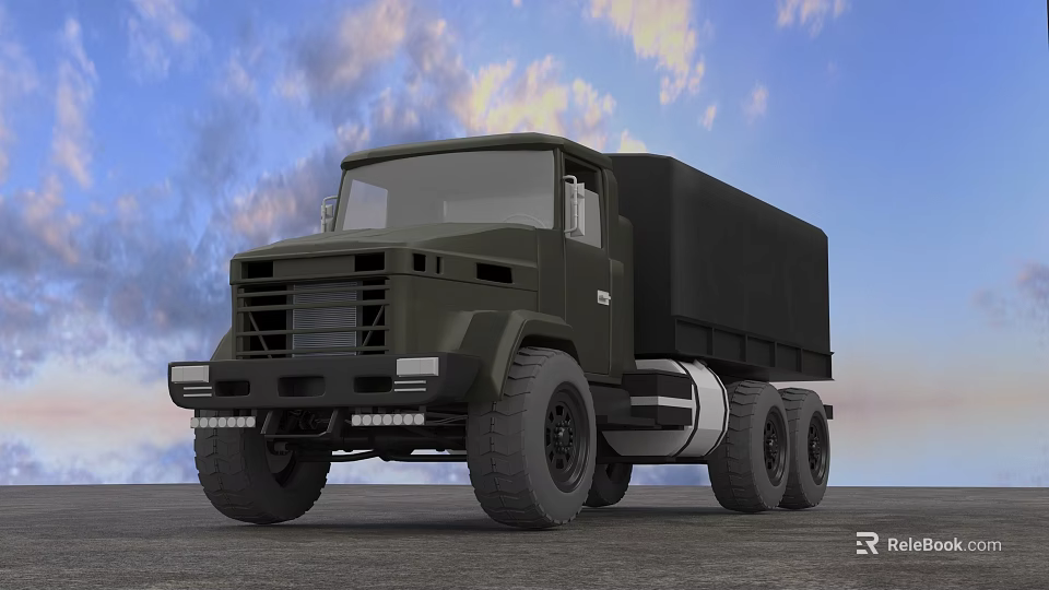 Dark Green Military Functional Truck With Large Tires Enclosed Cargo Box And Blue Sky Background 3d model 