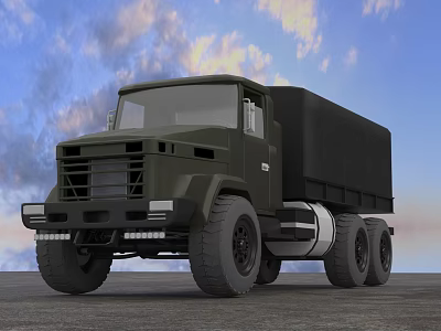 Dark Green Military Functional Truck With Large Tires Enclosed Cargo Box And Blue Sky Background 3d model