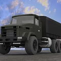 Dark Green Military Functional Truck With Large Tires Enclosed Cargo Box And Blue Sky Background