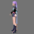 Woman with purple hair wearing black jacket white top shorts knee-high boots beside blue sword 3d model