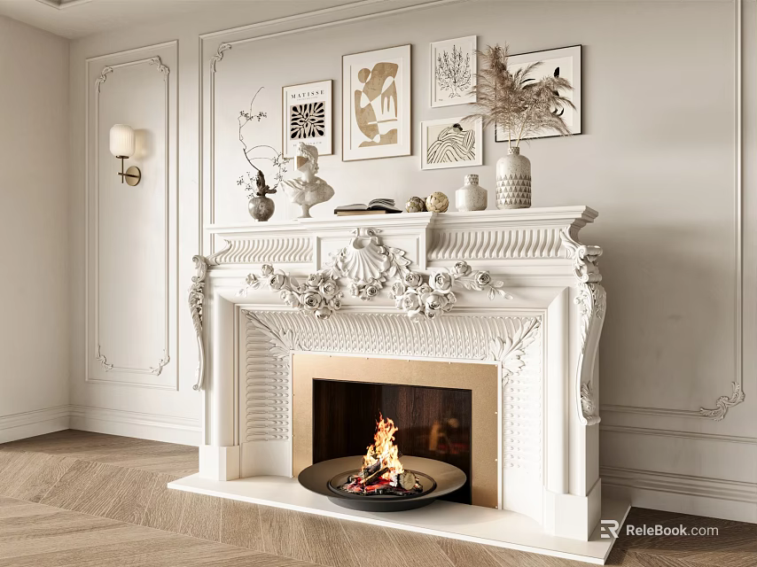 White Ornate Fireplace With Decorative Frames Sculptures And Burning Flame In Living Space 3d model 