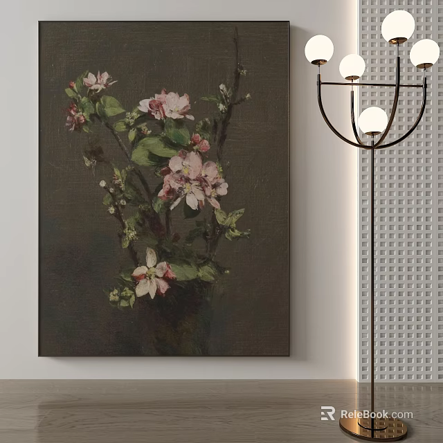 Botanical Painting with Pink Blossoms and Green Leaves on Canvas Wall Art for Home Interior 3d model 