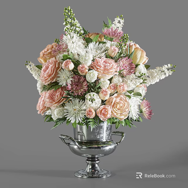 Elegant Decorative Ornament Set with Silver Metal Vase and Pink White Floral Arrangement 3d model 