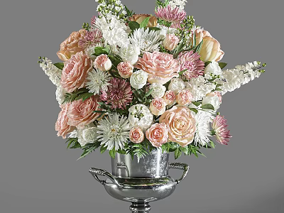 Elegant Decorative Ornament Set with Silver Metal Vase and Pink White Floral Arrangement 3d model
