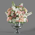 Elegant Decorative Ornament Set with Silver Metal Vase and Pink White Floral Arrangement