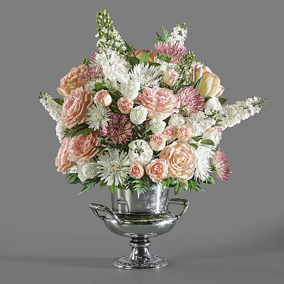 Elegant Decorative Ornament Set with Silver Metal Vase and Pink White Floral Arrangement 3d model