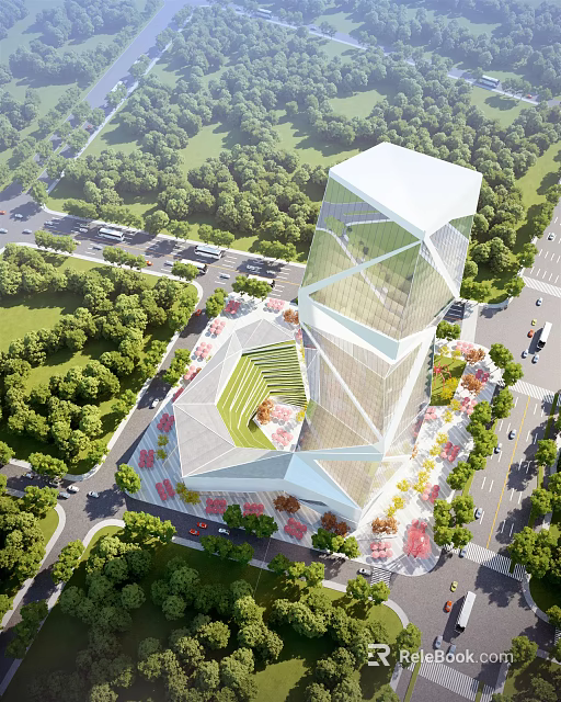 Aerial Planning of Modern High Rise Building with Surrounding Greenery and Roads 3d model 