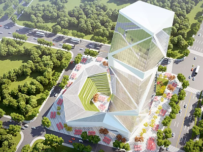 Aerial Planning of Modern High Rise Building with Surrounding Greenery and Roads 3d model
