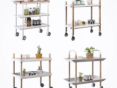 Four Multilayer Mobile Carts With Wheels Holding Plants Jars And Containers 3d model