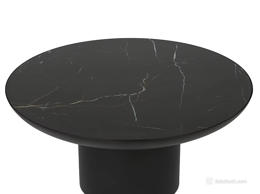 Round Black Marble Coffee Table With White Veins And Cylindrical Base 3d model