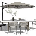 Outdoor Dining Table With Wicker Chairs And Parasol Green Plant And Fruit Vase Decoration