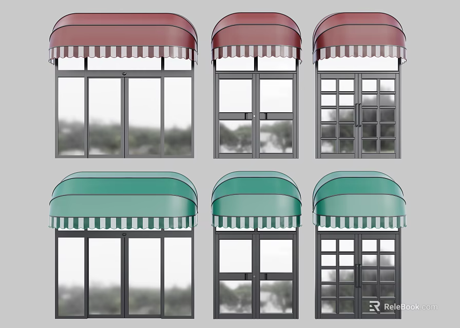 Red and Green Awnings Featuring Various Window Designs For Commercial Storefronts 3d model 