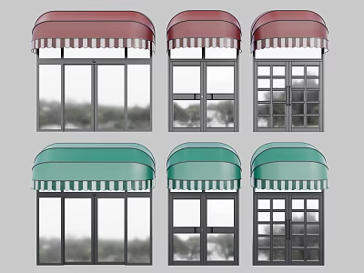 Red and Green Awnings Featuring Various Window Designs For Commercial Storefronts 3d model