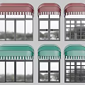Red and Green Awnings Featuring Various Window Designs For Commercial Storefronts