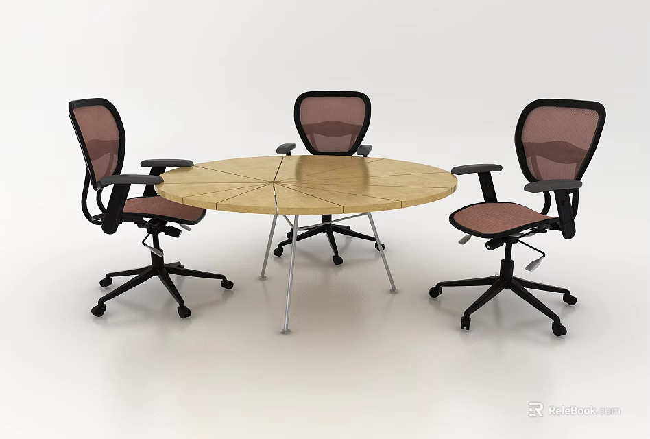 Round Wooden Dining Table Set With Three Mesh Back Chairs And Armrests 3d model 