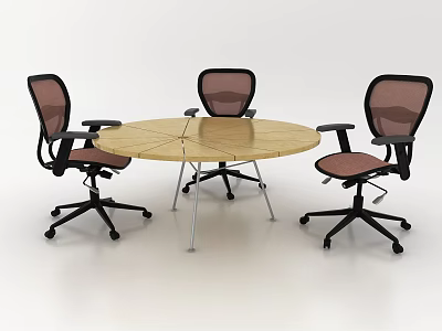 Round Wooden Dining Table Set With Three Mesh Back Chairs And Armrests 3d model