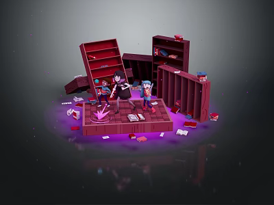 Cartoon Scene With Fallen Red Bookshelves Scattered Books And Kids On Purple Ground 3d model