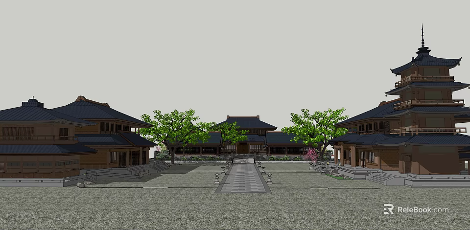 Traditional Ancient Building Courtyard Featuring Stone Path Green Trees And Classic Roofs 3d model 
