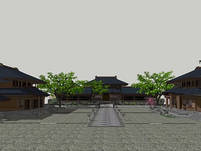 Traditional Ancient Building Courtyard Featuring Stone Path Green Trees And Classic Roofs 3d model