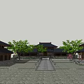 Traditional Ancient Building Courtyard Featuring Stone Path Green Trees And Classic Roofs