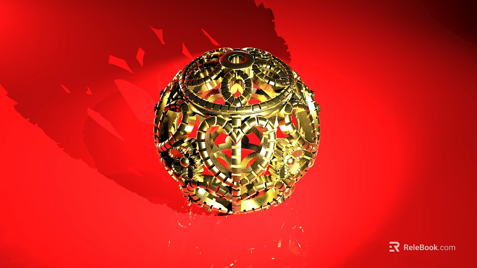 Exquisite Golden Hollow Sphere Jewelry With Intricate Design On Red Background 3d model 